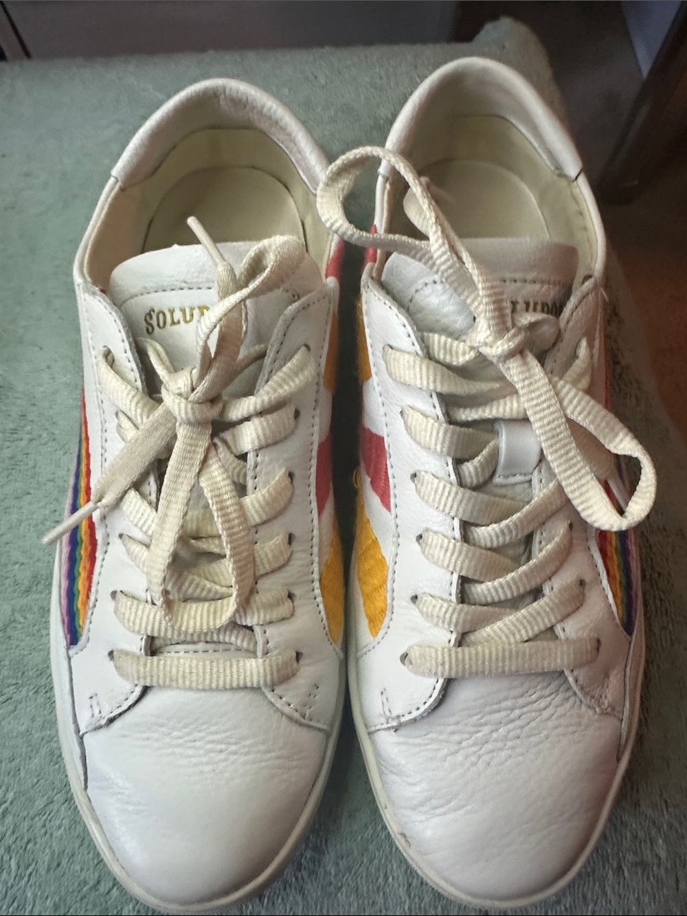 Soludos Ibiza Rainbow Wave Leather Sneakers Good Vibes White Sz 8.5